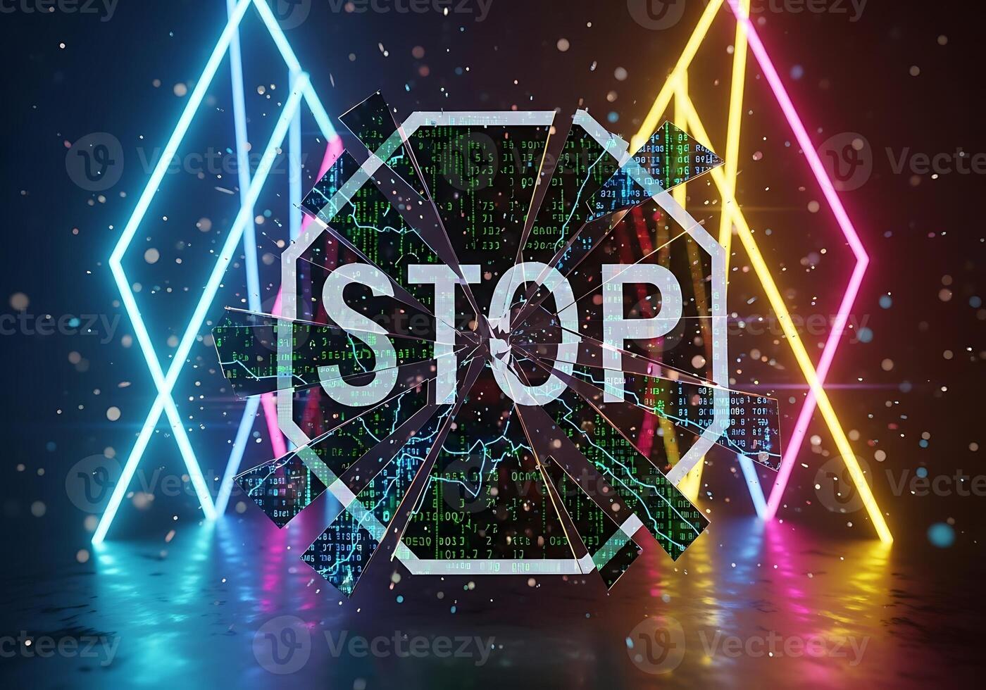 Shattered Stop Sign with Binary Code Background and Neon Lights Cybersecurity Concept photo