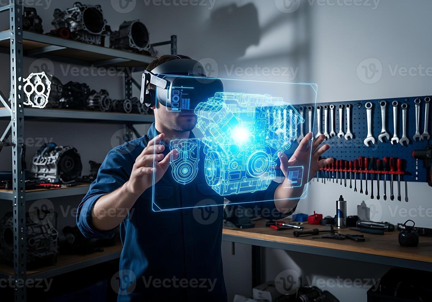 Engineer Uses VR Headset to Interactively Design and Visualize a 3D Engine Blueprint in a Workshop photo