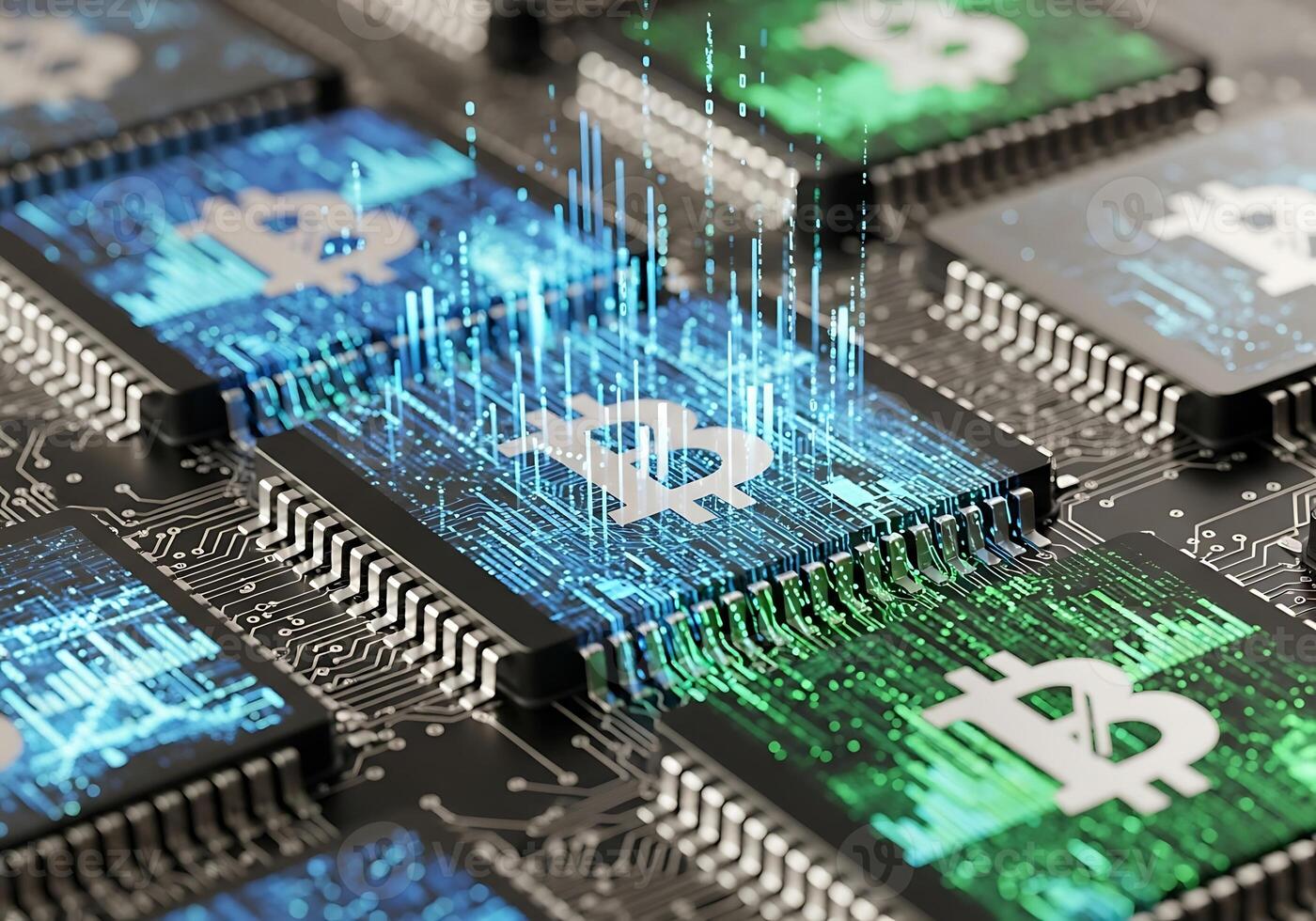 Decentralized Digital Currency Abstract Bitcoin Crypto Mining on Blockchain Circuit Board with Glowing Data Streams photo