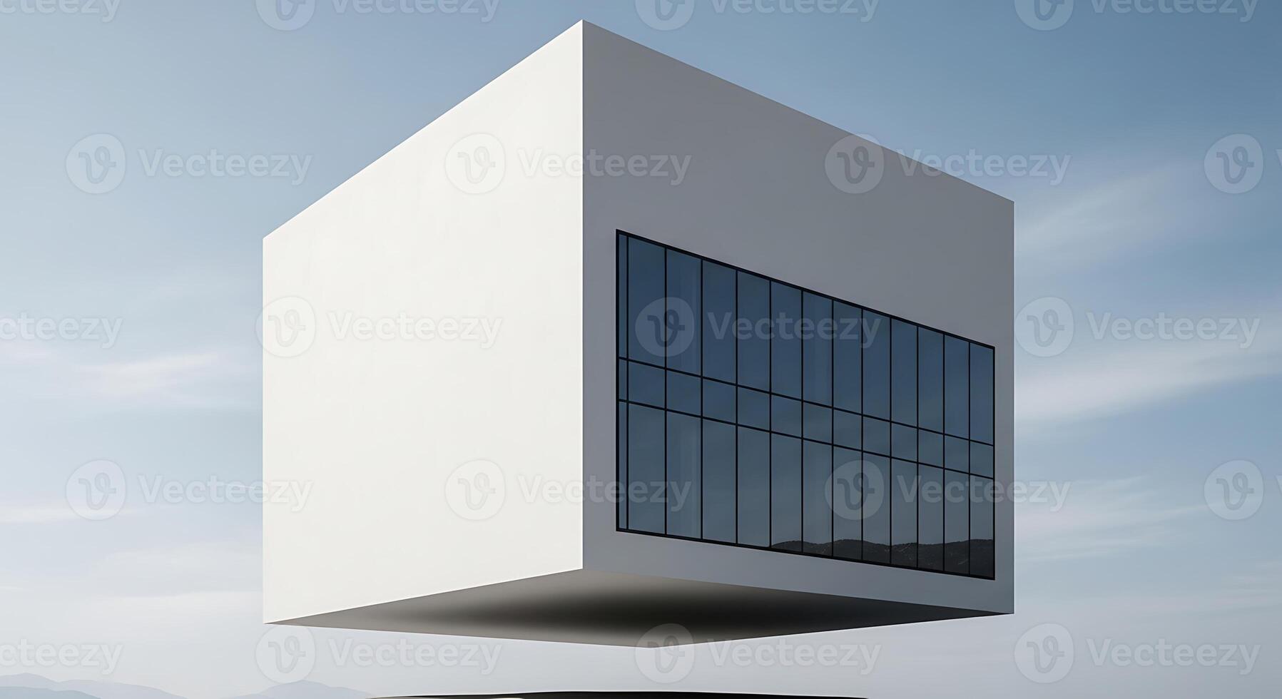 Modern Minimalist Cube Building with Glass Windows Floating in the Sky Architecture Concept photo