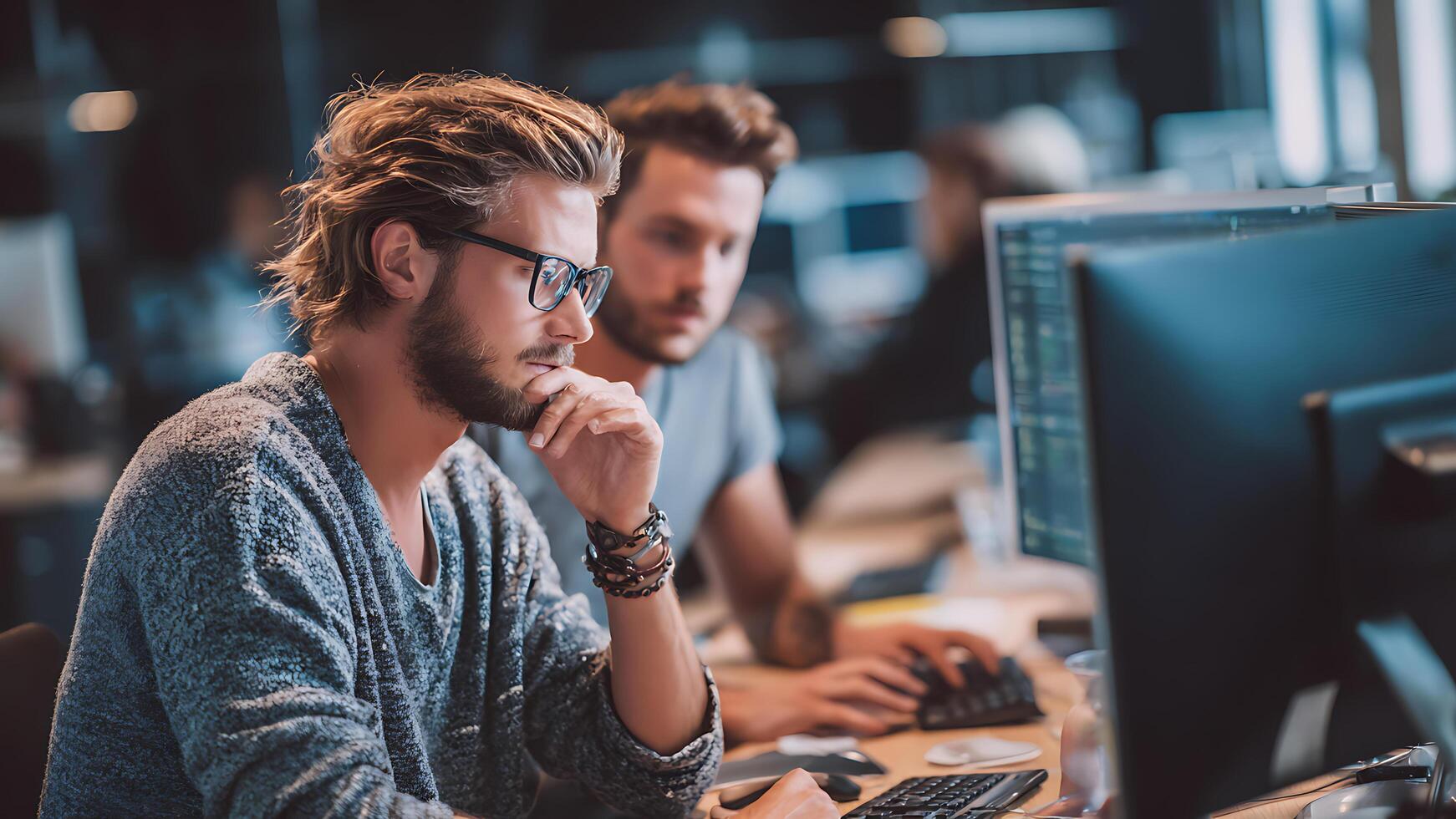 Pensive Bearded Programmer with Glasses Deep in Thought While Collaborating with a Colleague. photo