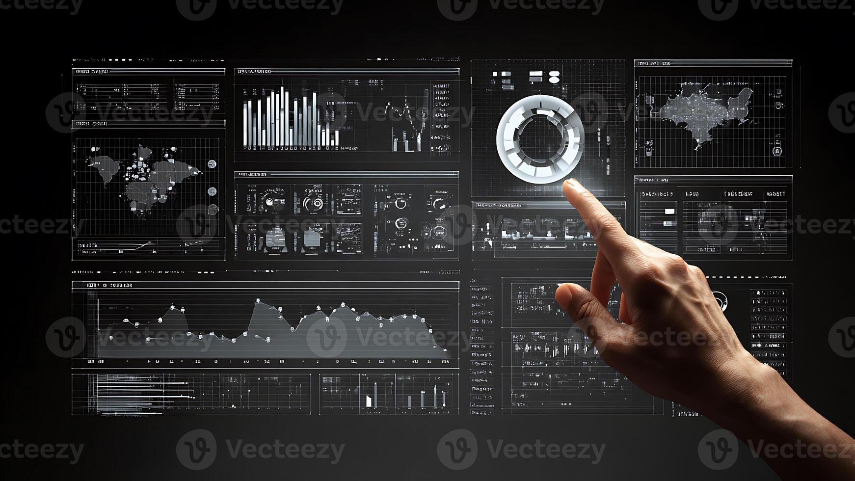 Futuristic Interface with Hand Interaction, Data Visualization and Global Analytics on Dark Background photo