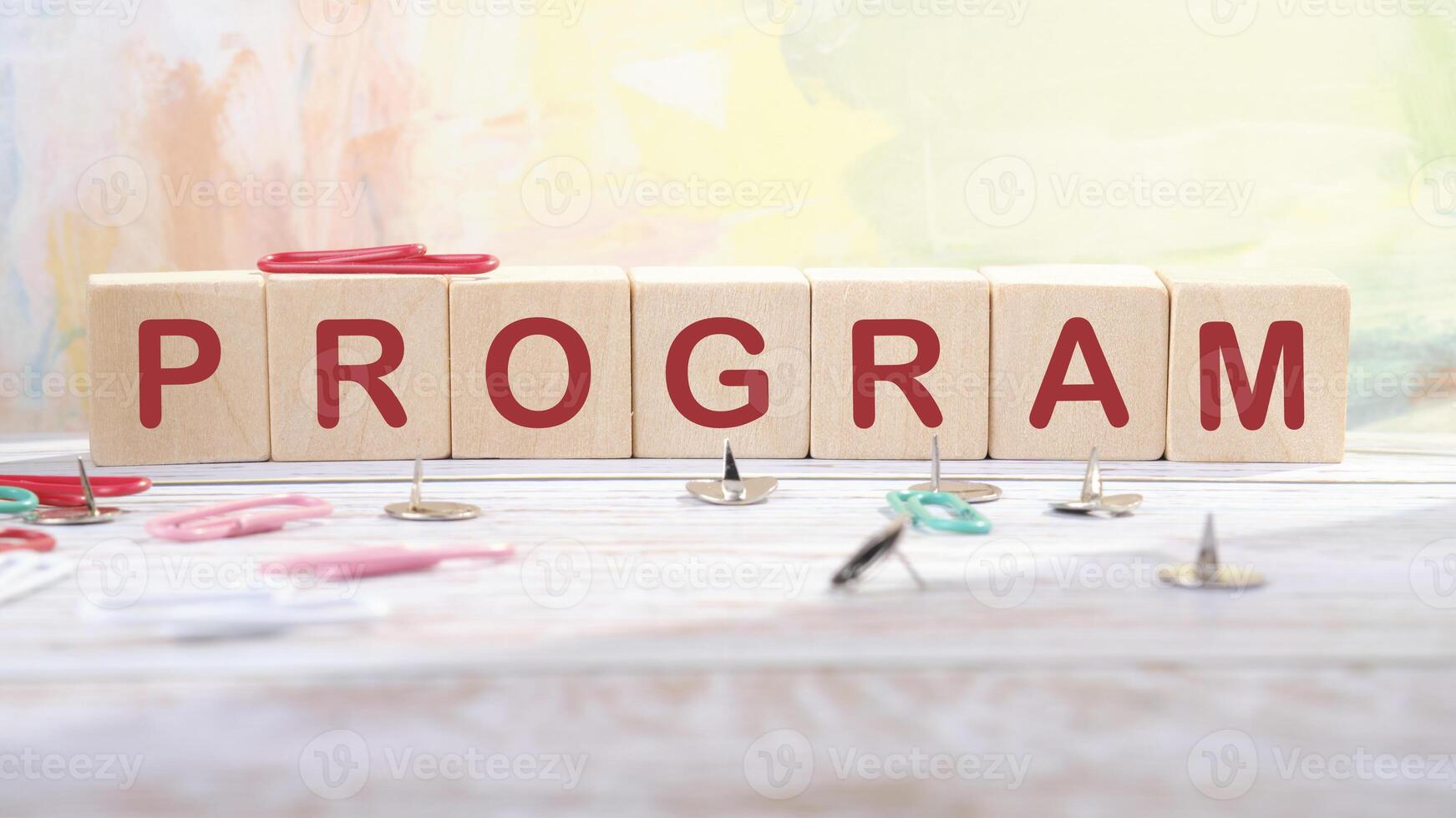 The concept word PROGRAM is collected of wooden cubes on an abstract background. Loyalty Program Shopping concept photo