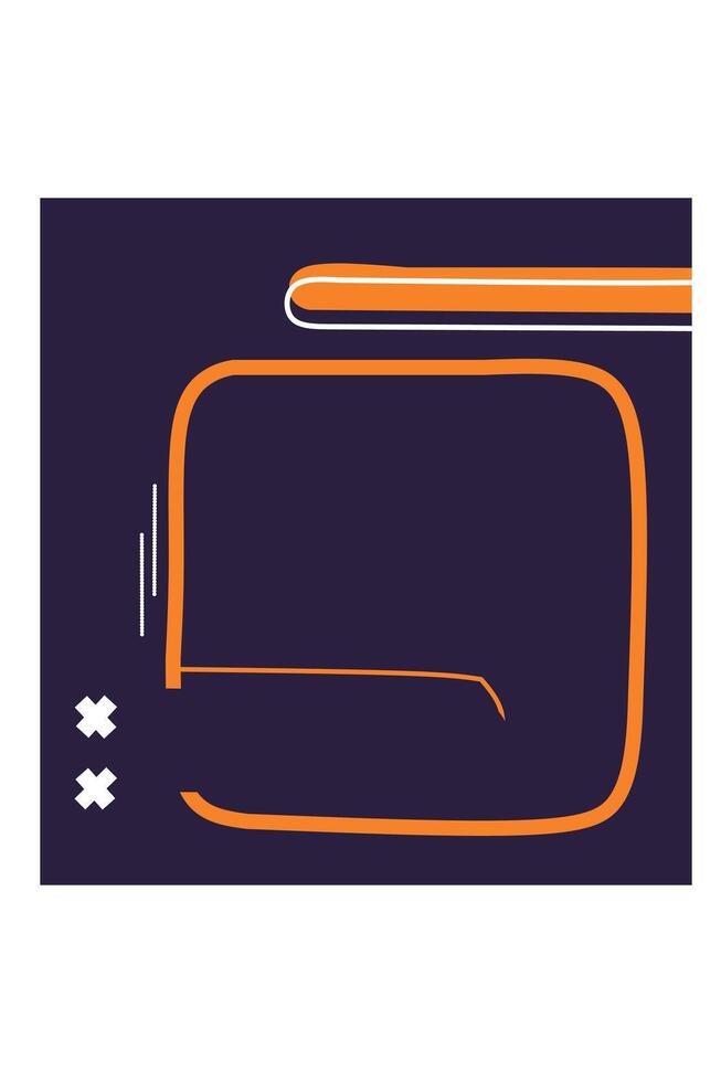 A bold, retro-futuristic background or template with a dark purple navy field, featuring a large, orange, rounded rectangle frame and abstract white lines geometric elements for content placement. vector