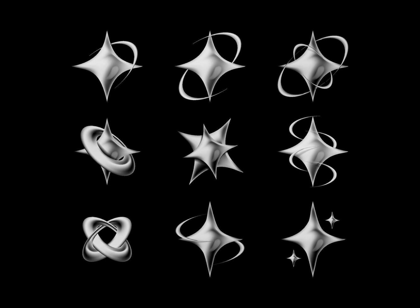 set of star spark and sparkle with line wave planet collection in 3d chrome liquid vintage metallic vector
