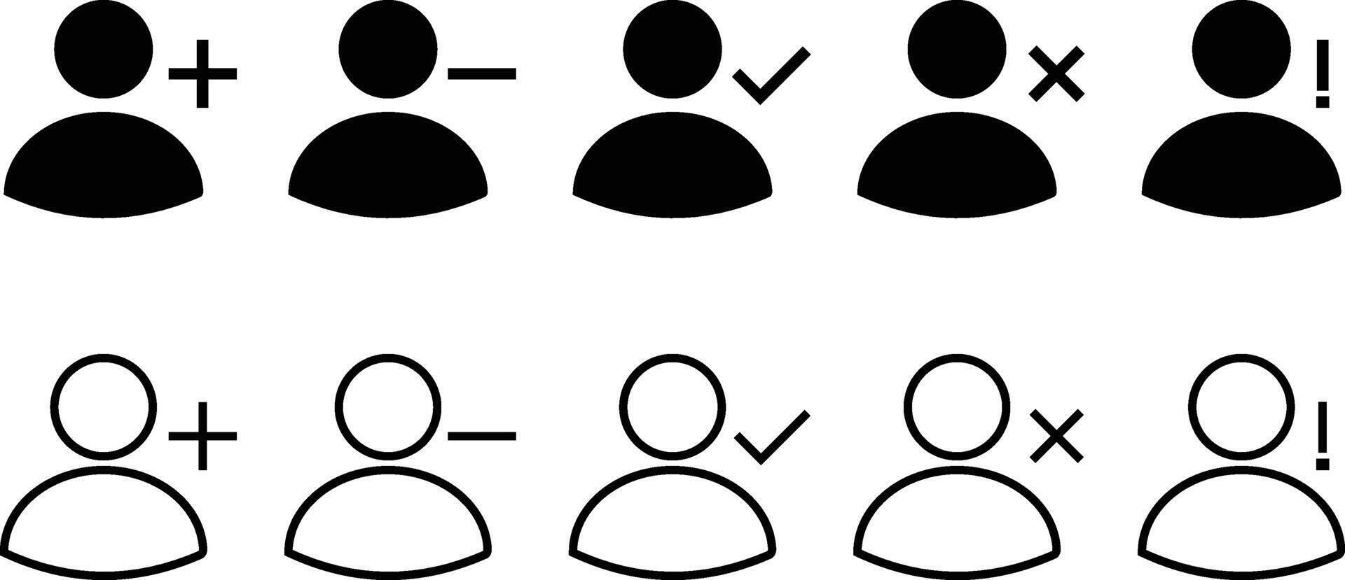 user profile icon set. User add friend, remove, approve, block status. User account status symbol. Profile verified sign. vector