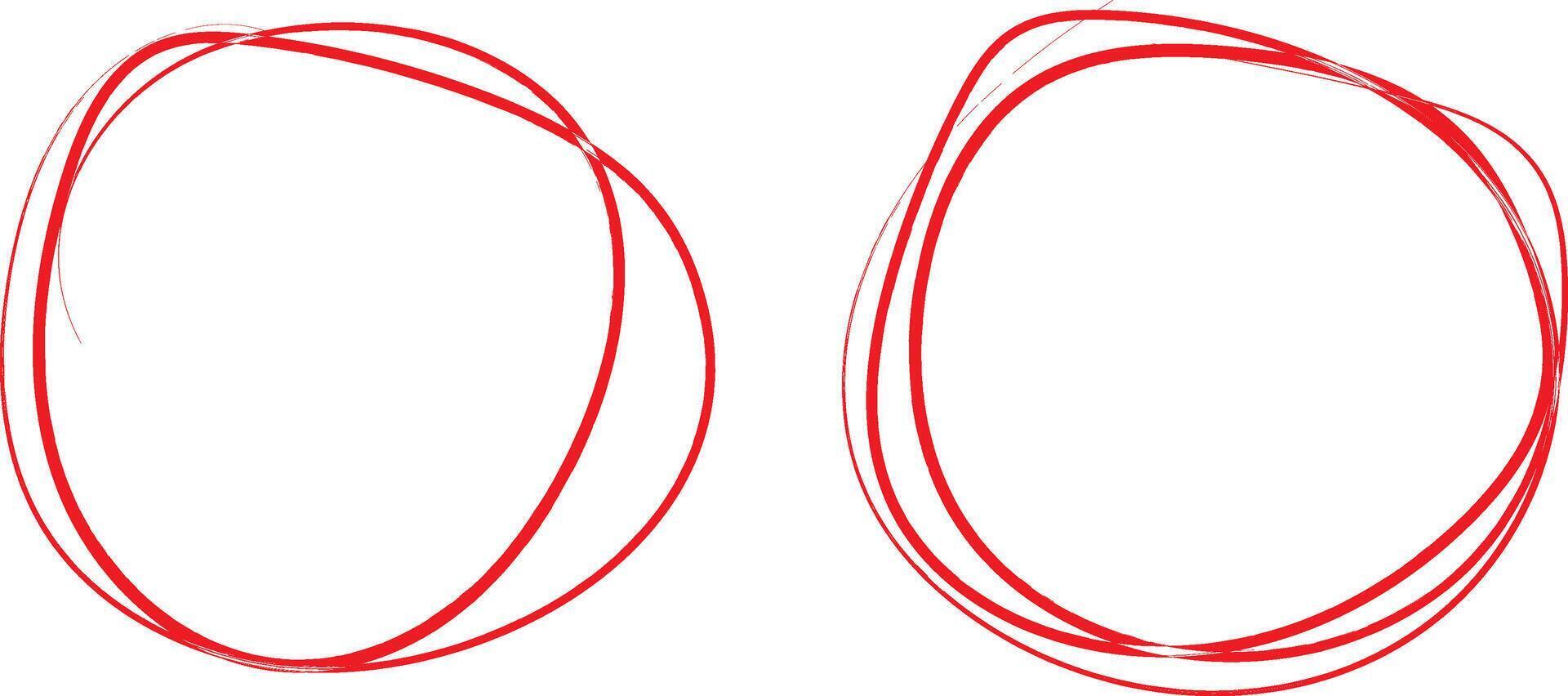 mano dibujado rojo circulo iconos realce mano escrito rojo círculo. calificación realce circulo elemento vector