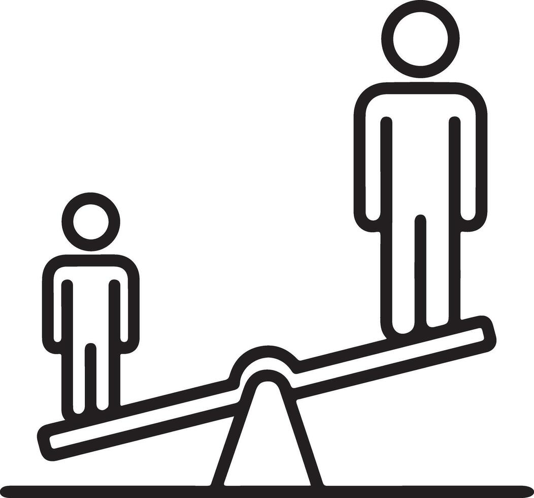 Simple line art icon of a seesaw demonstrating inequality between two figures of different sizes vector