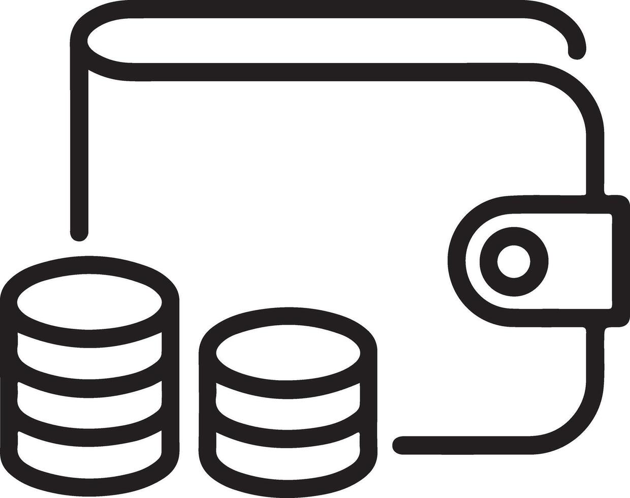 Simple line art icon of a wallet with stacked coins representing finance vector