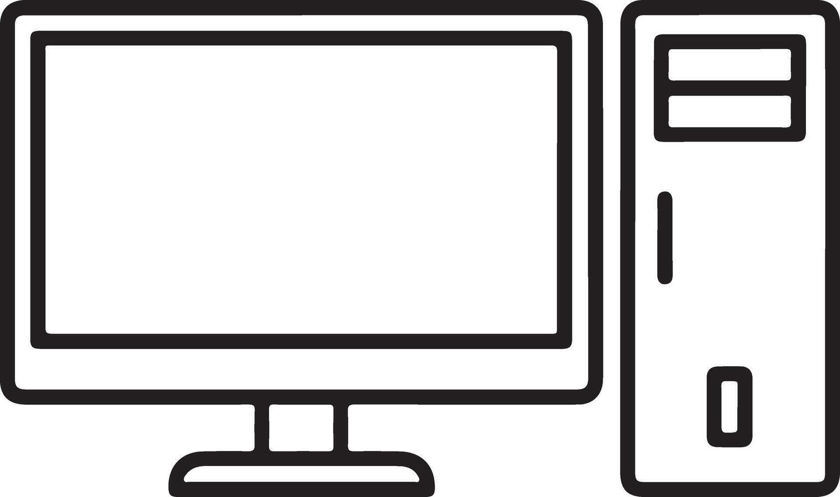 Simple line art icon of a desktop computer monitor and tower vector
