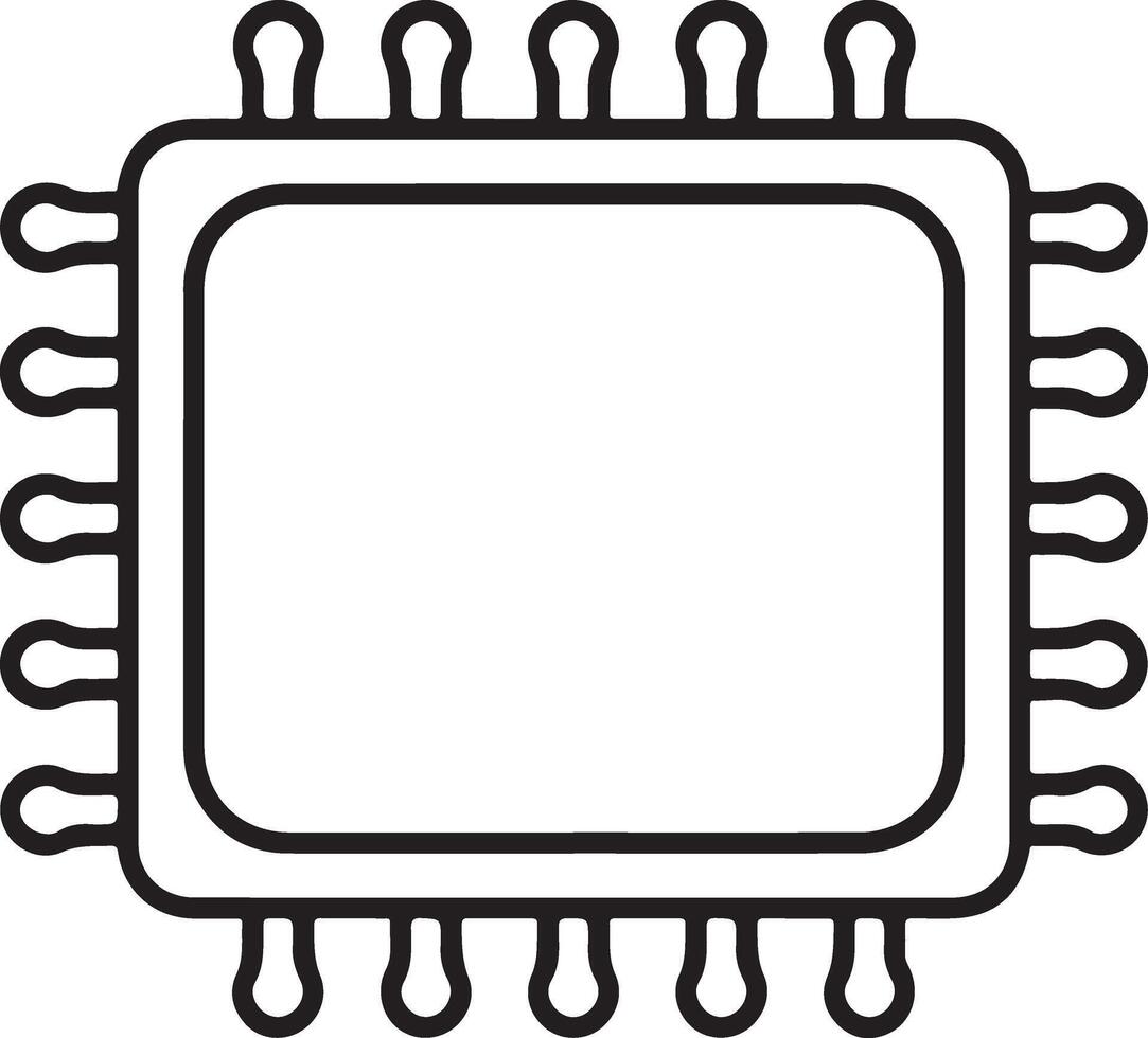 Simple outline icon of a computer microprocessor chip with pins vector