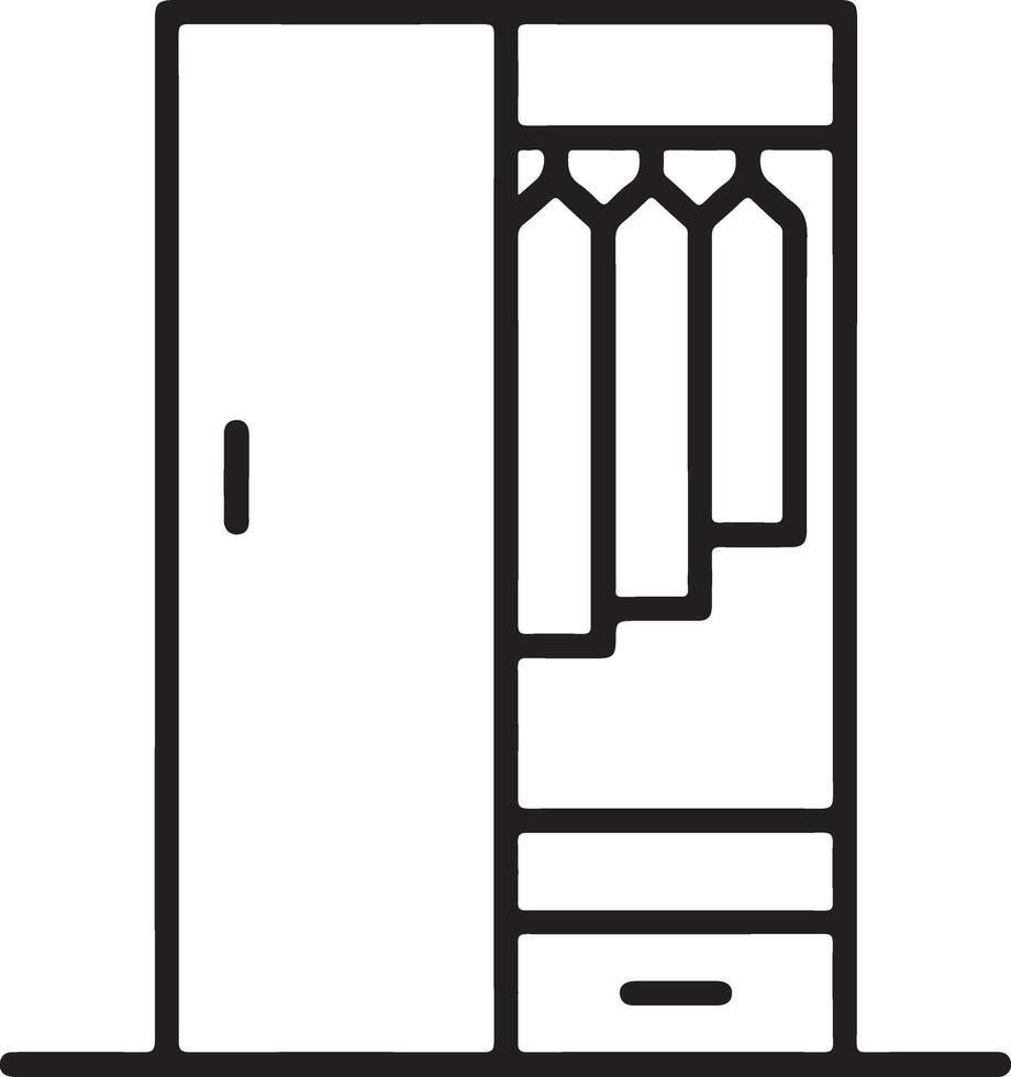 Minimalist line art icon of an open wardrobe with clothes hanging and a drawer below vector