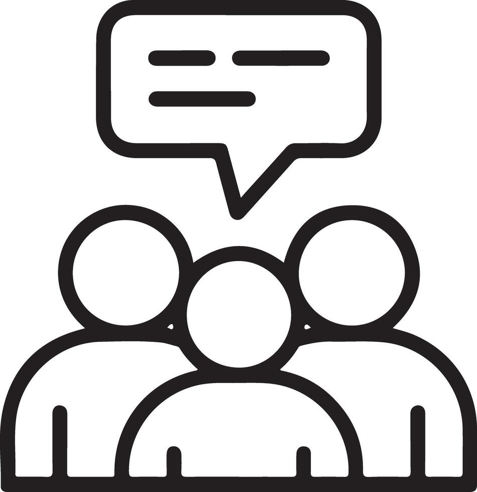 Simple line art icon of three people in a group with a speech bubble above them vector