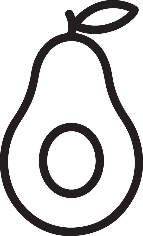 Simple black and white outline icon of a halved avocado with a pit and stem vector