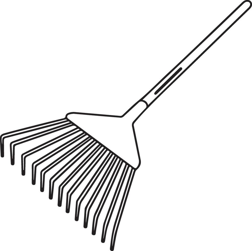 Simple line drawing of a garden rake with many thin tines on a white background vector