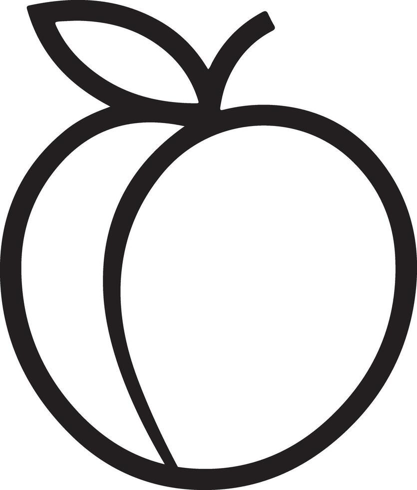 Simple black outline drawing of a single ripe peach with a leaf and stem on a white background vector
