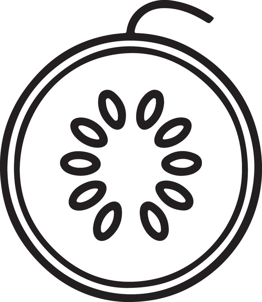 Simple black and white outline drawing of a sliced kiwi fruit showing seeds in a circular pattern vector