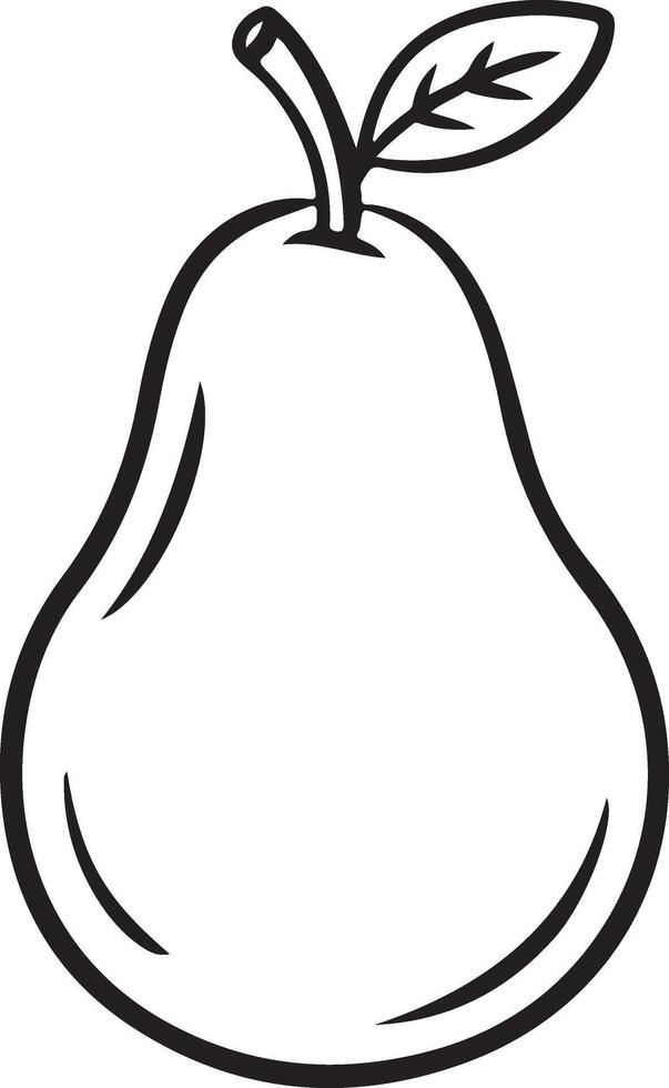 Simple hand drawn outline illustration of a ripe pear with a stem and leaf on a white background vector
