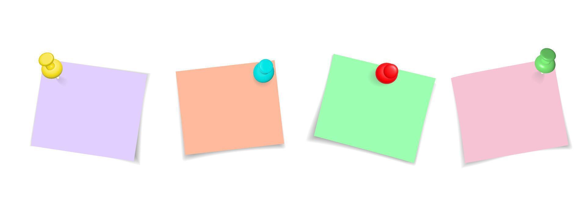 Set of paper notes on pins. Paper stickers, notes on pins. Paper notebook sheets fastened with pins, collection for design vector