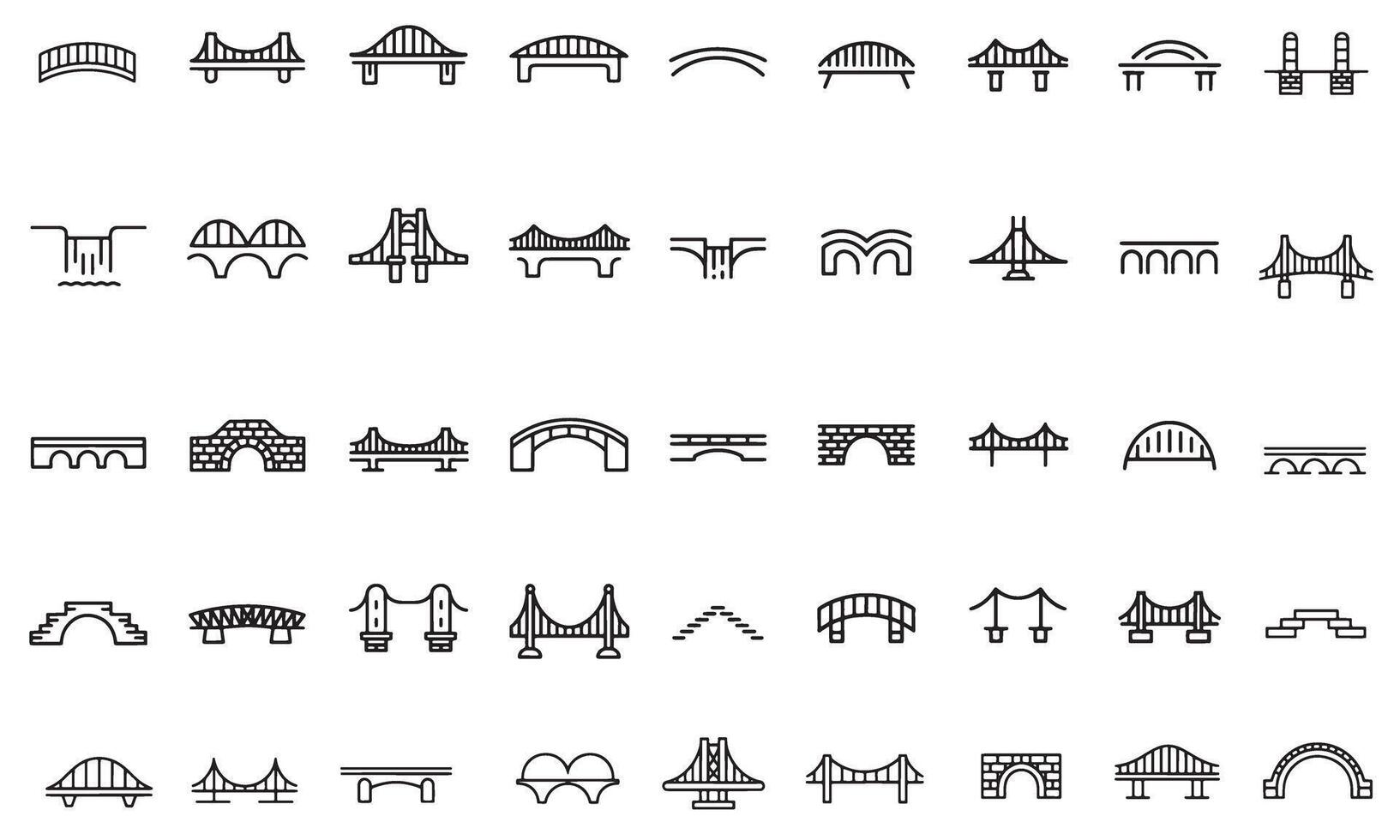 Diverse Bridges Icon Set Showcasing Varied Designs and Architectural Styles for Infrastructure Engineering and Transportation Concepts vector