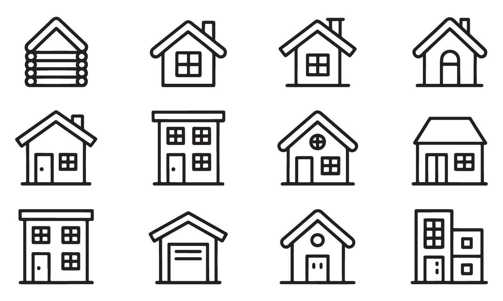 Assorted Black and White House Icons Illustrating Different Architectural Designs and Styles, Suitable for Various Creative and Design Projects vector