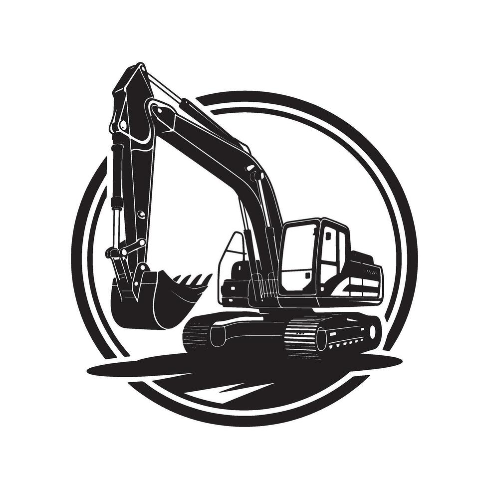 Monochromatic Excavator Silhouette within a Circular Frame Depicting Heavy Machinery for Construction, Engineering, and Development Projects Logo vector