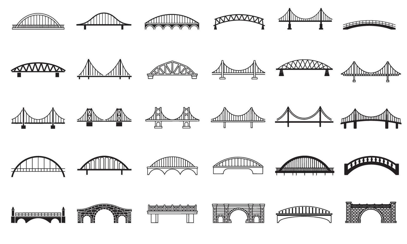 Diverse Bridge Silhouette Collection Featuring Various Arch and Suspension Designs for Engineering and Architectural Visualizations and Graphic Design Projects vector
