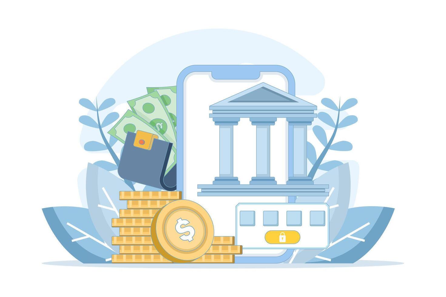 Online banking illustration with smartphone, stacked coins, and banking icon, showing secure login with passcode for digital financial transactions and mobile money management. vector
