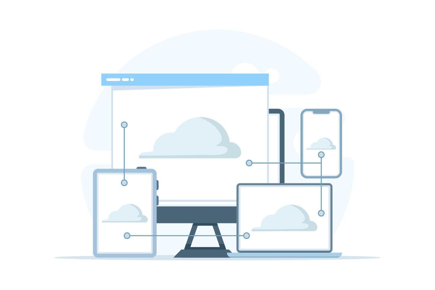 illustration of cloud computing concept. Depicts cloud server, device data exchange, and file synchronization technology for online storage and digital data management. vector