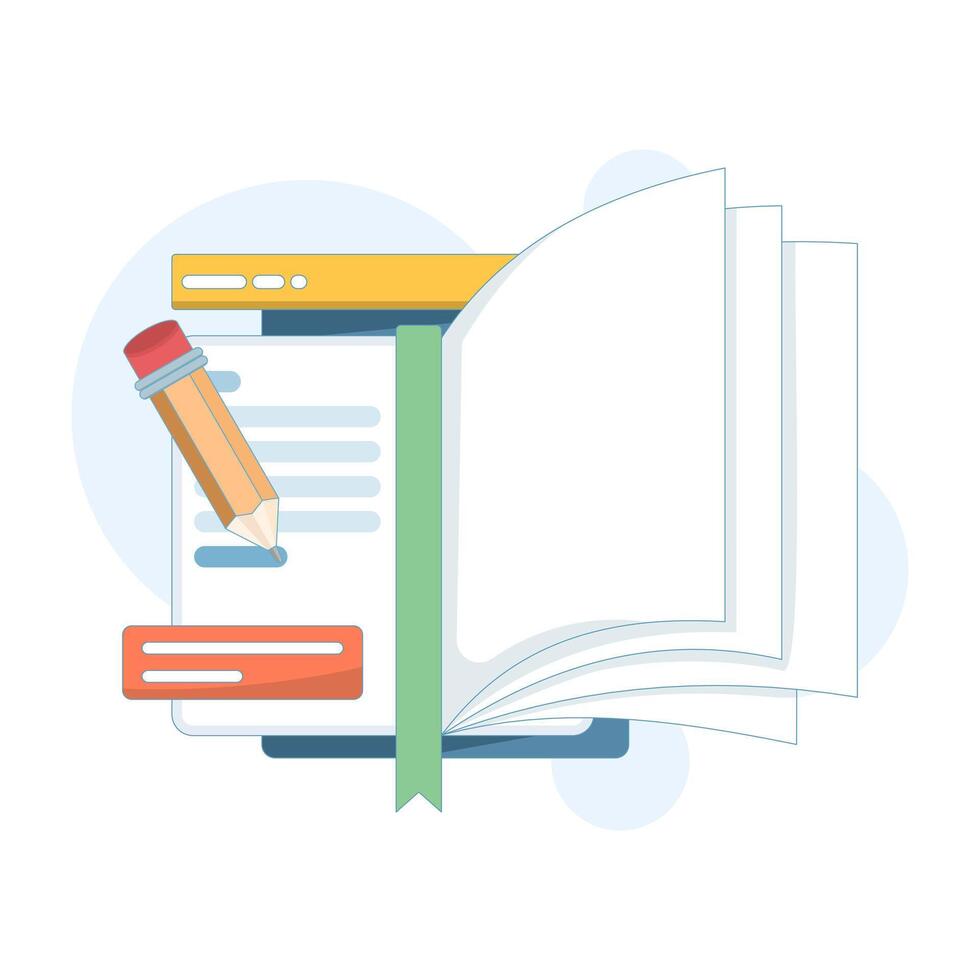 illustration of notebook and pencil writing notes. Represents journalism, interviews, and year-end summary review, symbolizing documentation, reflection, and report preparation. vector