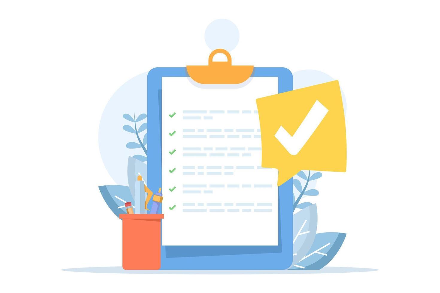 Illustration of school exam results concept. Shows quiz scores, passing checklist, assignments, and survey forms representing educational assessment and report documentation. vector