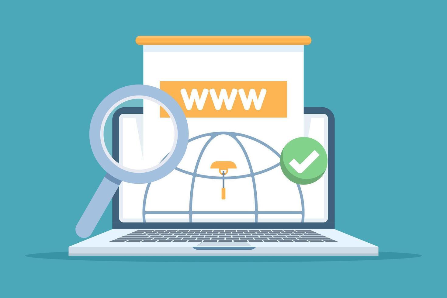 illustration of domain registration and communication concept. Depicts search engine optimization, SEO, website management, and internet technology in flat design style. vector