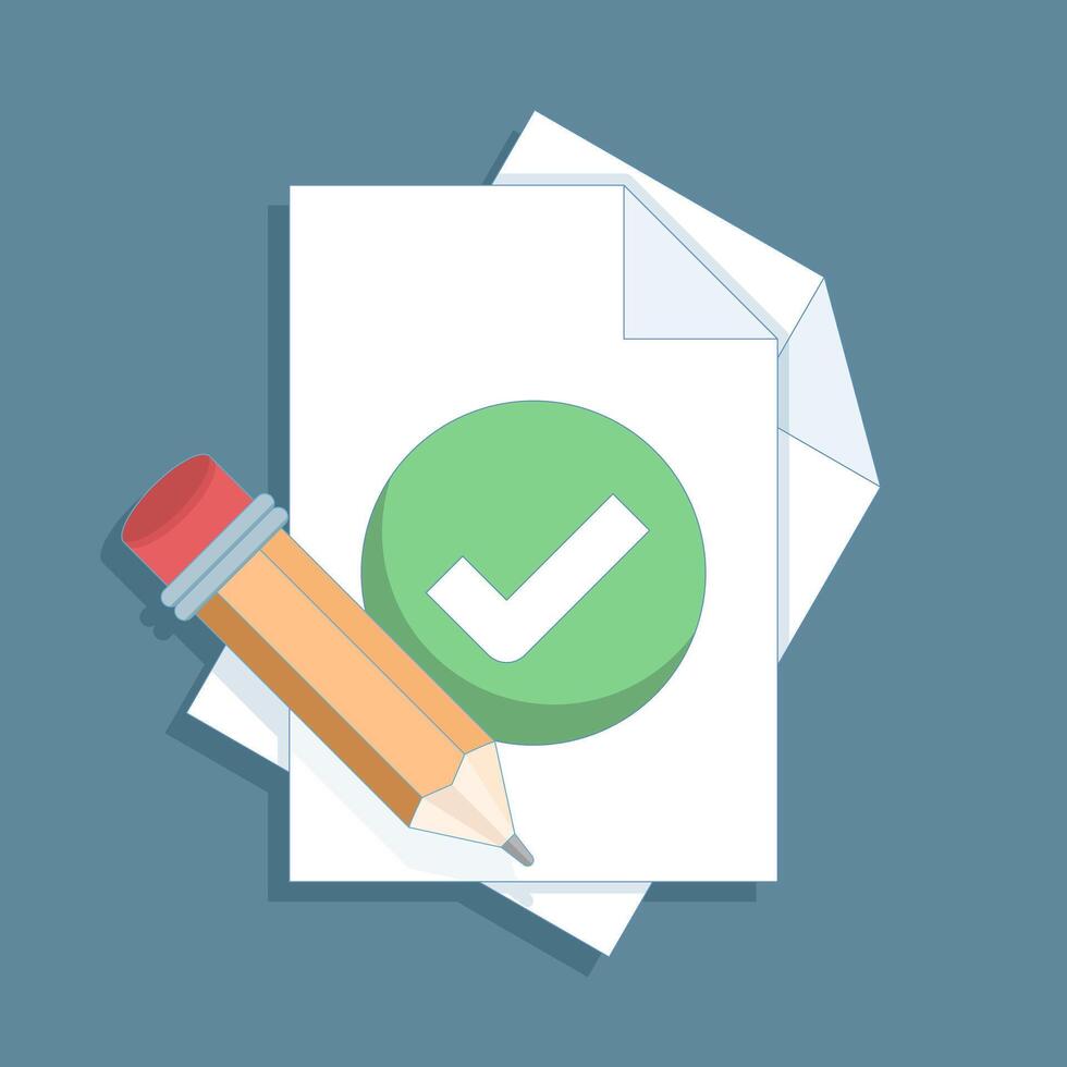 illustration of approved documents. Checklist on note paper with pencil and check marks symbolizes confirmation, validation, and successful document review or approval process. vector
