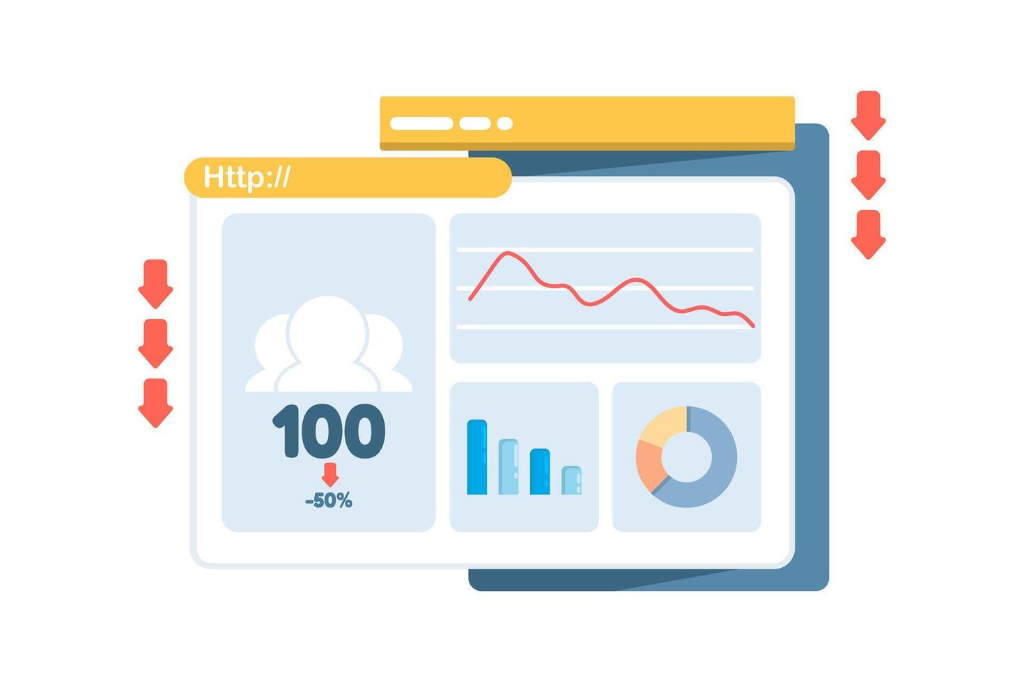 Illustration of declining website traffic showing a worried site owner as visitors drop, symbolizing low engagement, reduced online activity, and decreasing web performance. vector