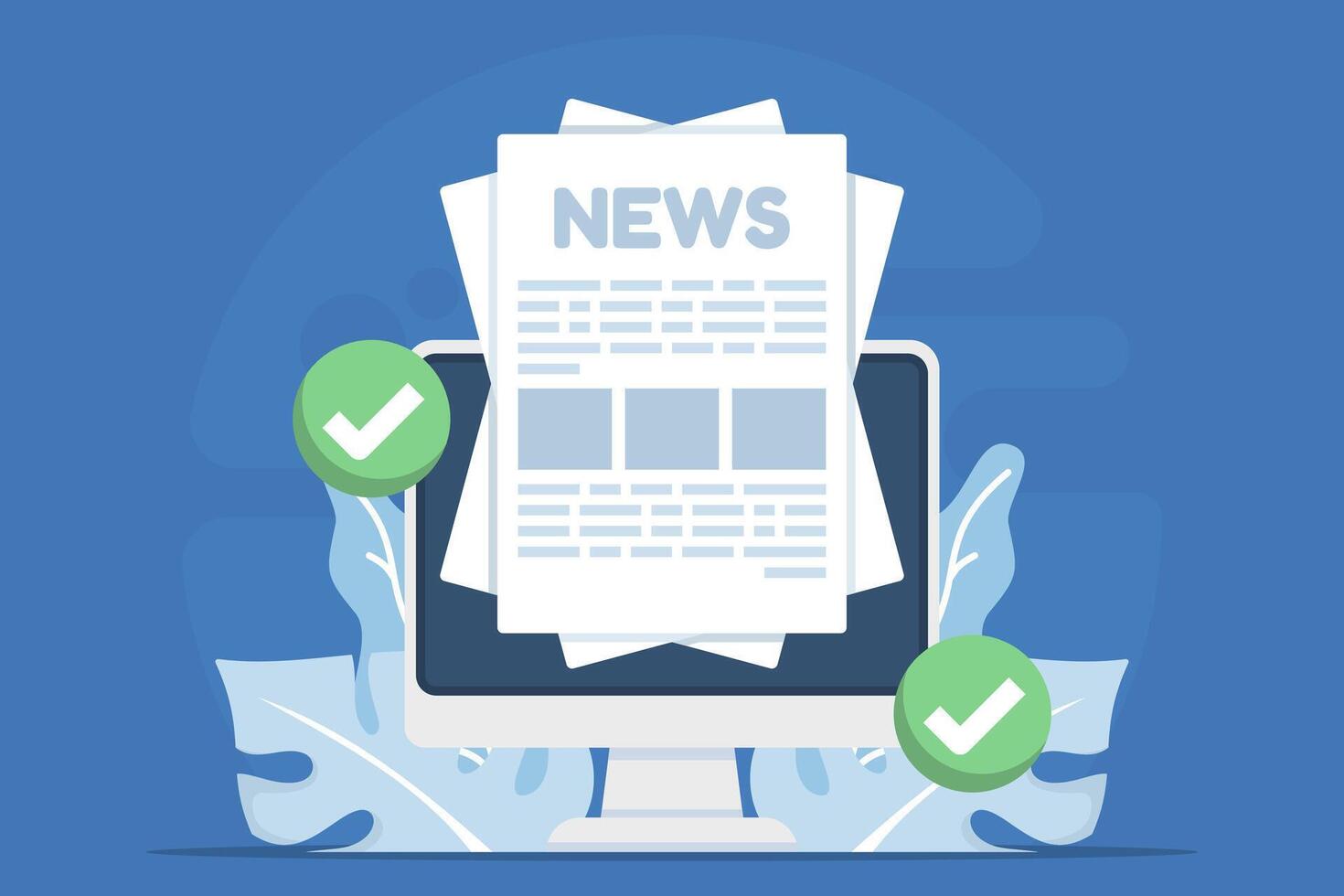 illustration of checking daily news online. Computer screen with articles and check marks symbolizes staying updated, verifying information, and browsing digital media every day. vector