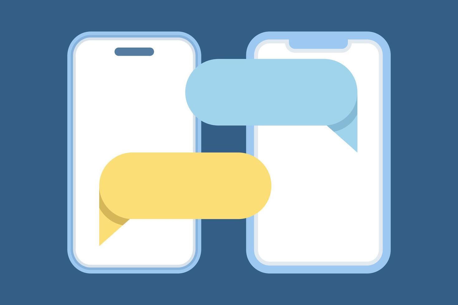 Two smartphones with empty chat bubbles. Online messaging, digital communication, mobile chat app interface, social media conversation concept. Flat illustration. vector