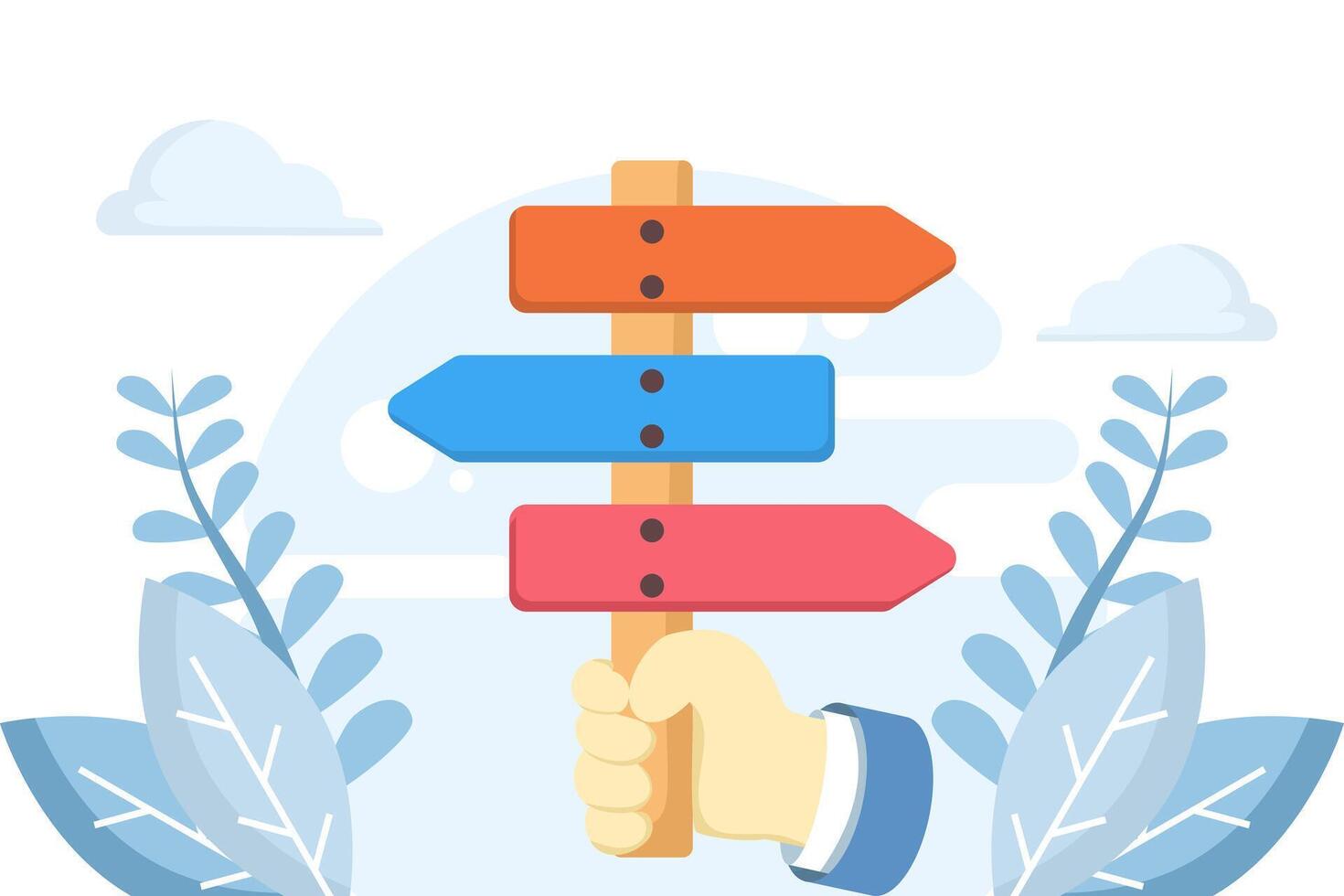 Make a choice in business. Person holding red indicator comparing options and choosing between various alternatives. Decision-making, business direction, and strategy concept with signpost board. vector