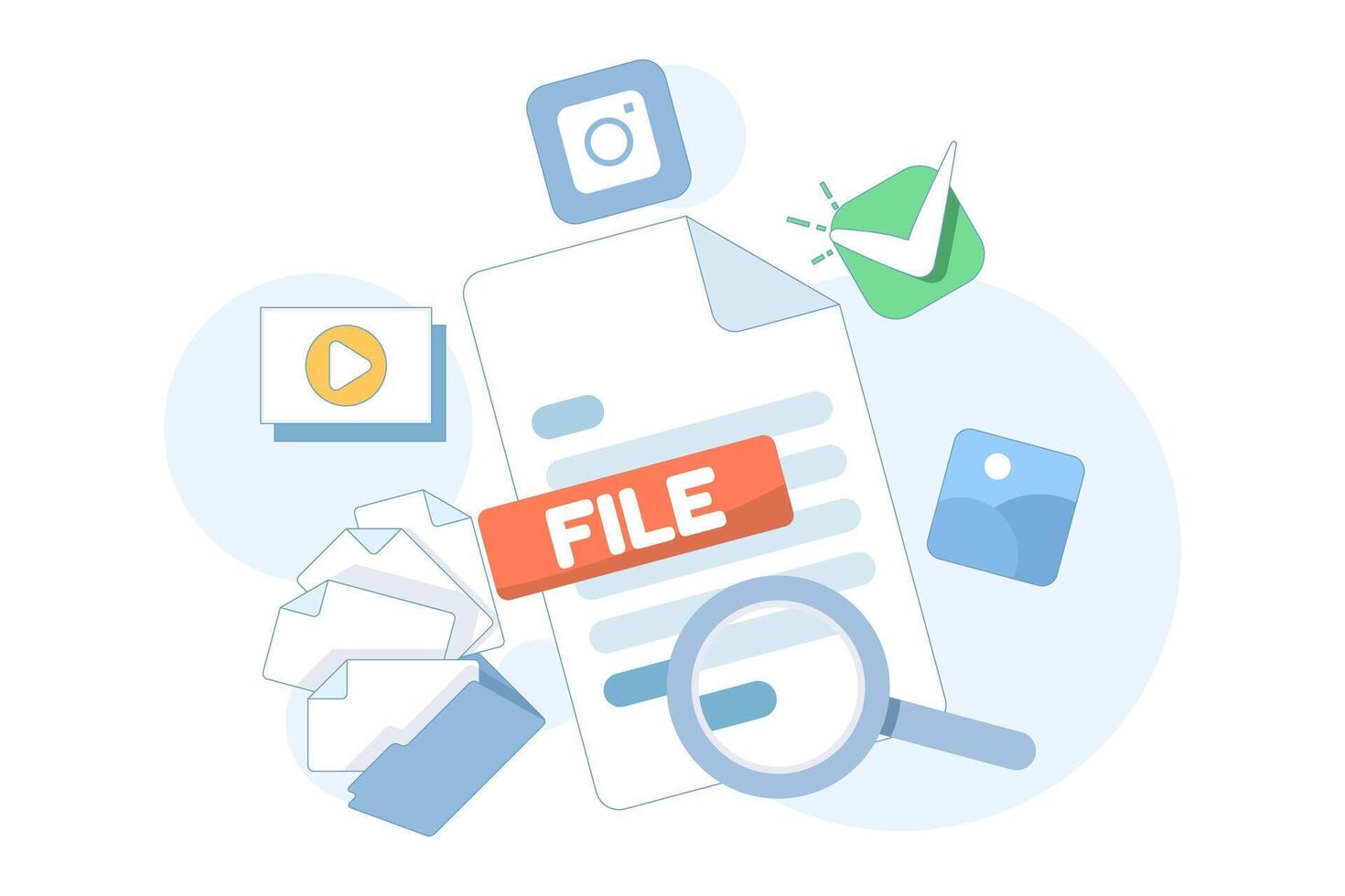 Illustration of file, folder, player, and photo gallery icons, representing image and search, document organization, and file management in a database system. vector