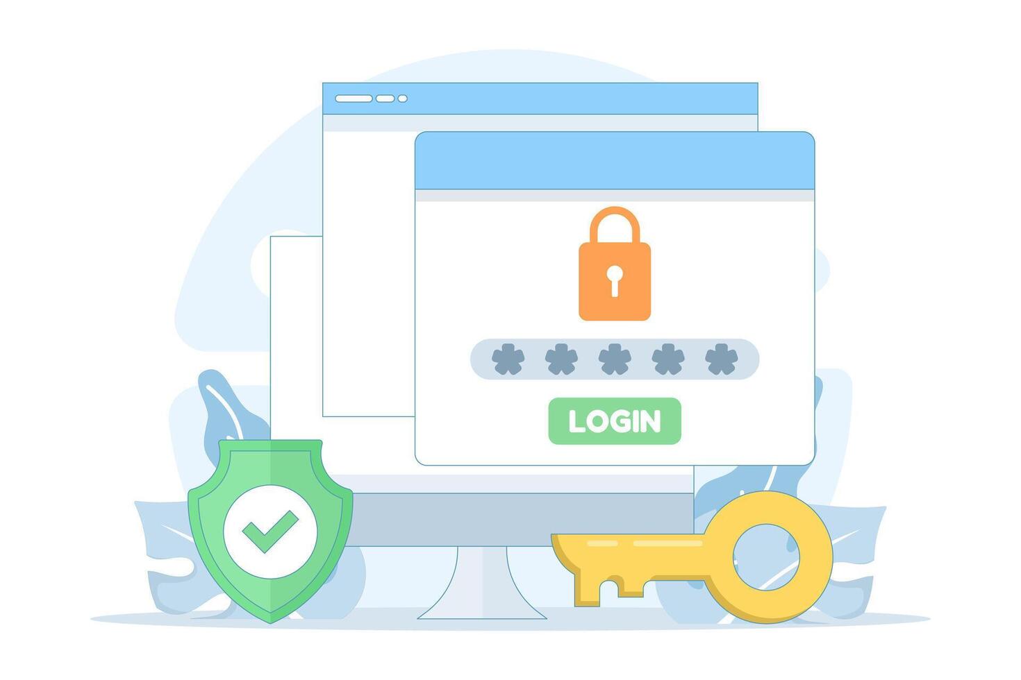 illustration of web registration form and personal online account. Depicts social media profile setup, login and password fields, and secure sign-in access concept. vector