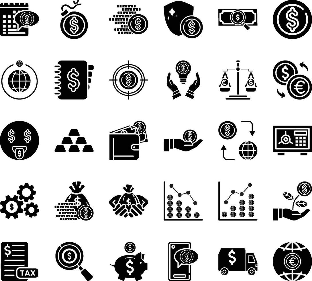 Money icons set for financial and business use. Solid set of icons style. Perfect for websites, digital product, UI, presentations, and marketing materials to represent finance and money. vector