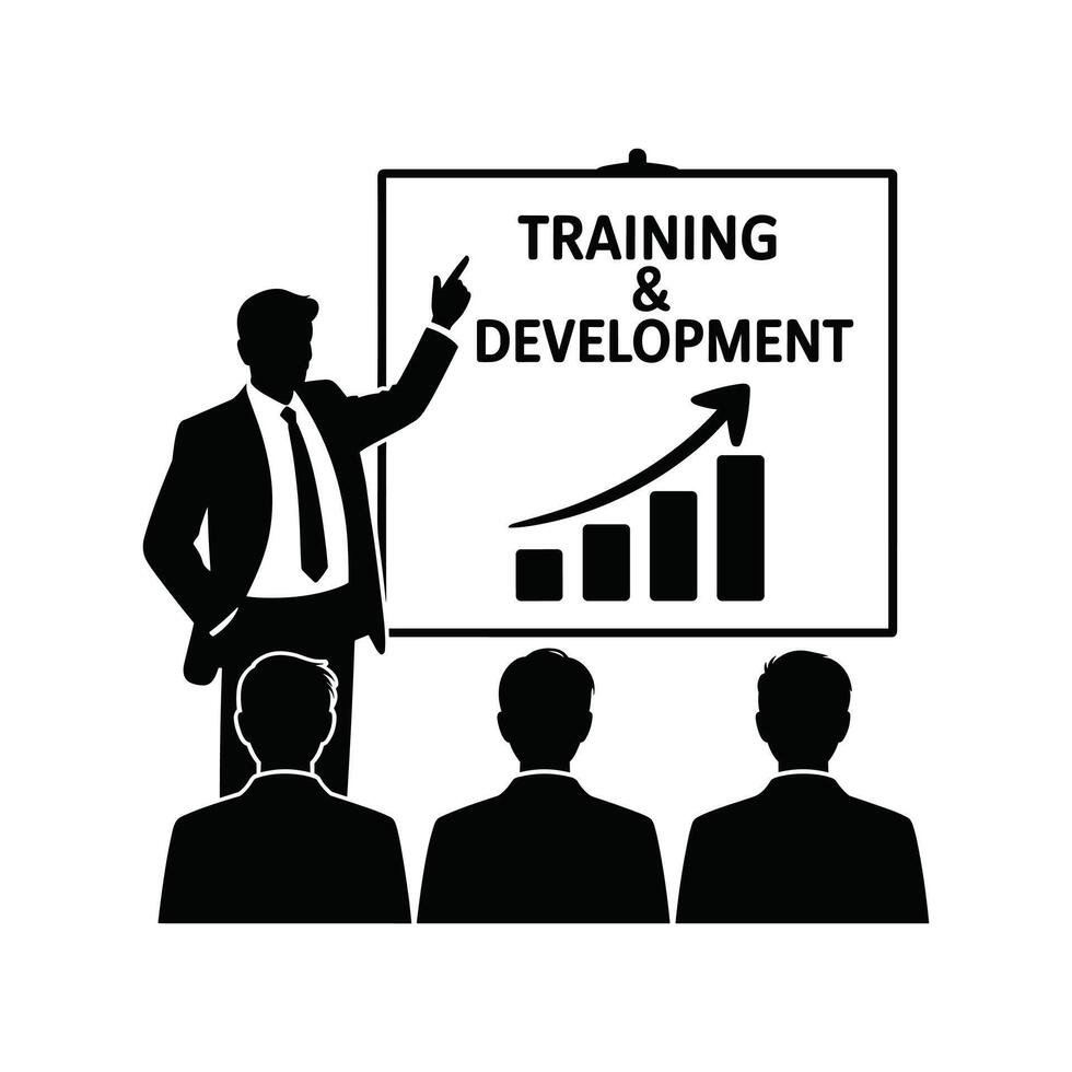 Businessman pointing at training and development graph on whiteboard for audience. vector
