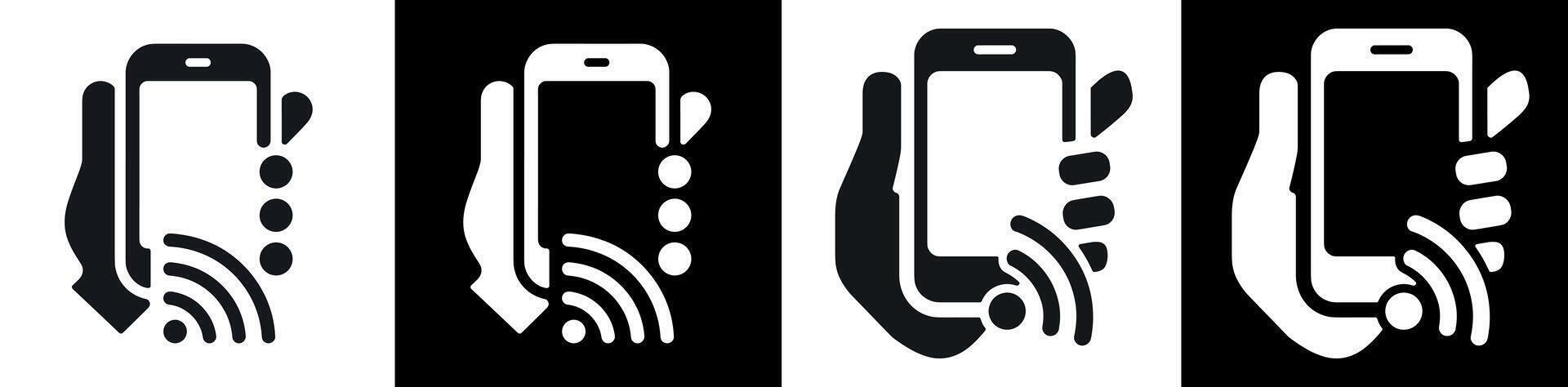 Icon depicting a hand holding a phone with signal waves emanating from it vector