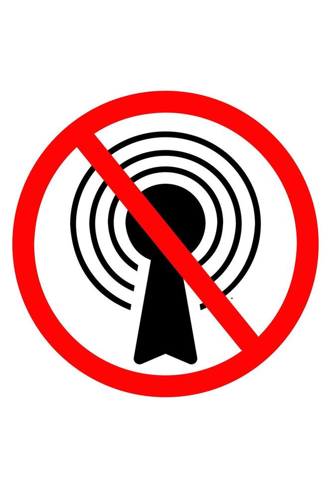 No radio signal or wireless connection prohibited. Prohibition sign against broadcast or antenna usage. Do not use wireless transmission symbol. vector