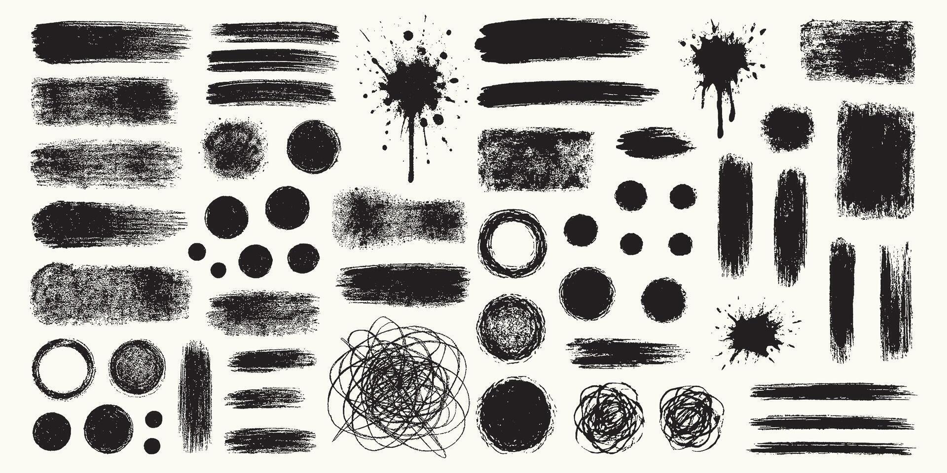 Grunge Brush Elements Set, Ink Splatters, Scribbles, Circles, And Textured Strokes Collection vector