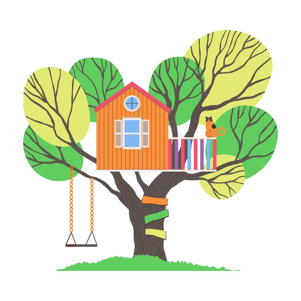 Colorful treehouse with a cat vector