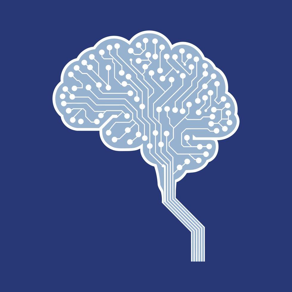 Stylized Brain Silhouette with Circuit Board Pattern on Blue Background mind intelligence vector