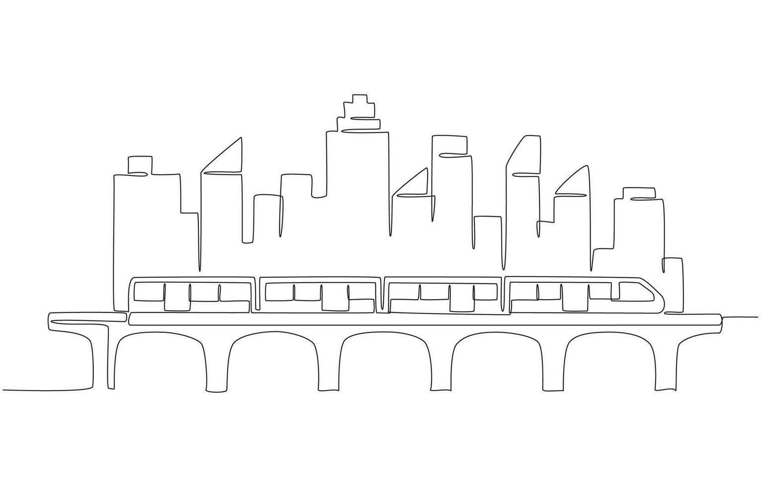 Continuous one line drawing of urban cityscape with modern train running on elevated railway bridge, symbolizing urbanization, progress, and public transportation, single line art. vector
