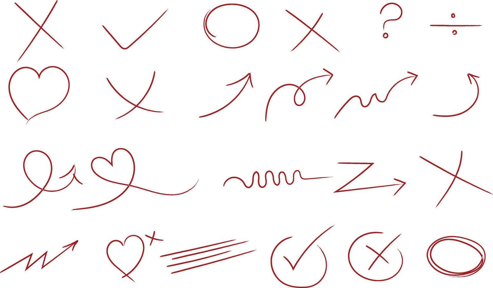 Handdrawn red doodles displaying arrows hearts checkmarks and symbols on white background vector