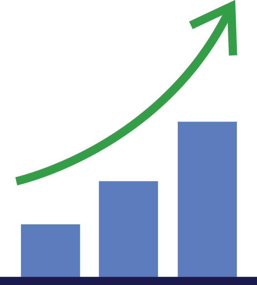 Rising bar graph with a green arrow pointing upwards illustrating growth and success in a business or financial context conveying a pos vector