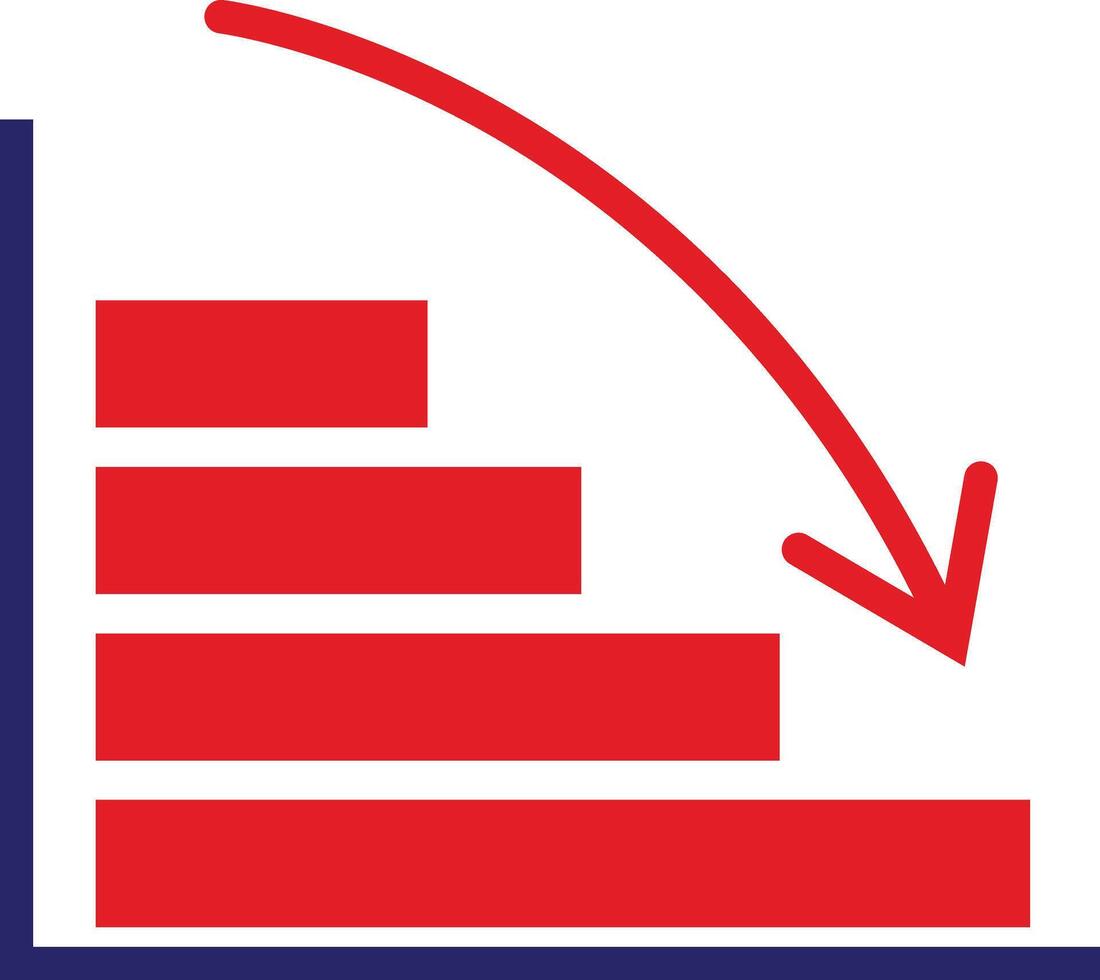 Red bar graph showing a downward trend with a red arrow indicating financial loss and economic decline in a business context conveying vector